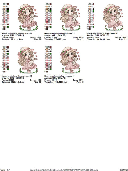 Baby girl with teddy bear embroidery designs - Princess with roses, long hair and hat machine embroidery pattern - Instant digital download