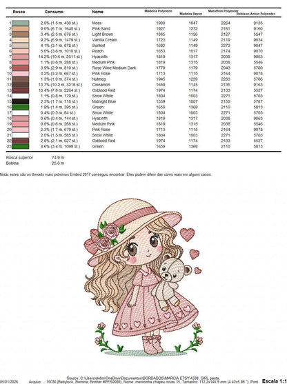 Baby girl with teddy bear embroidery designs - Princess with roses, long hair and hat machine embroidery pattern - Instant digital download