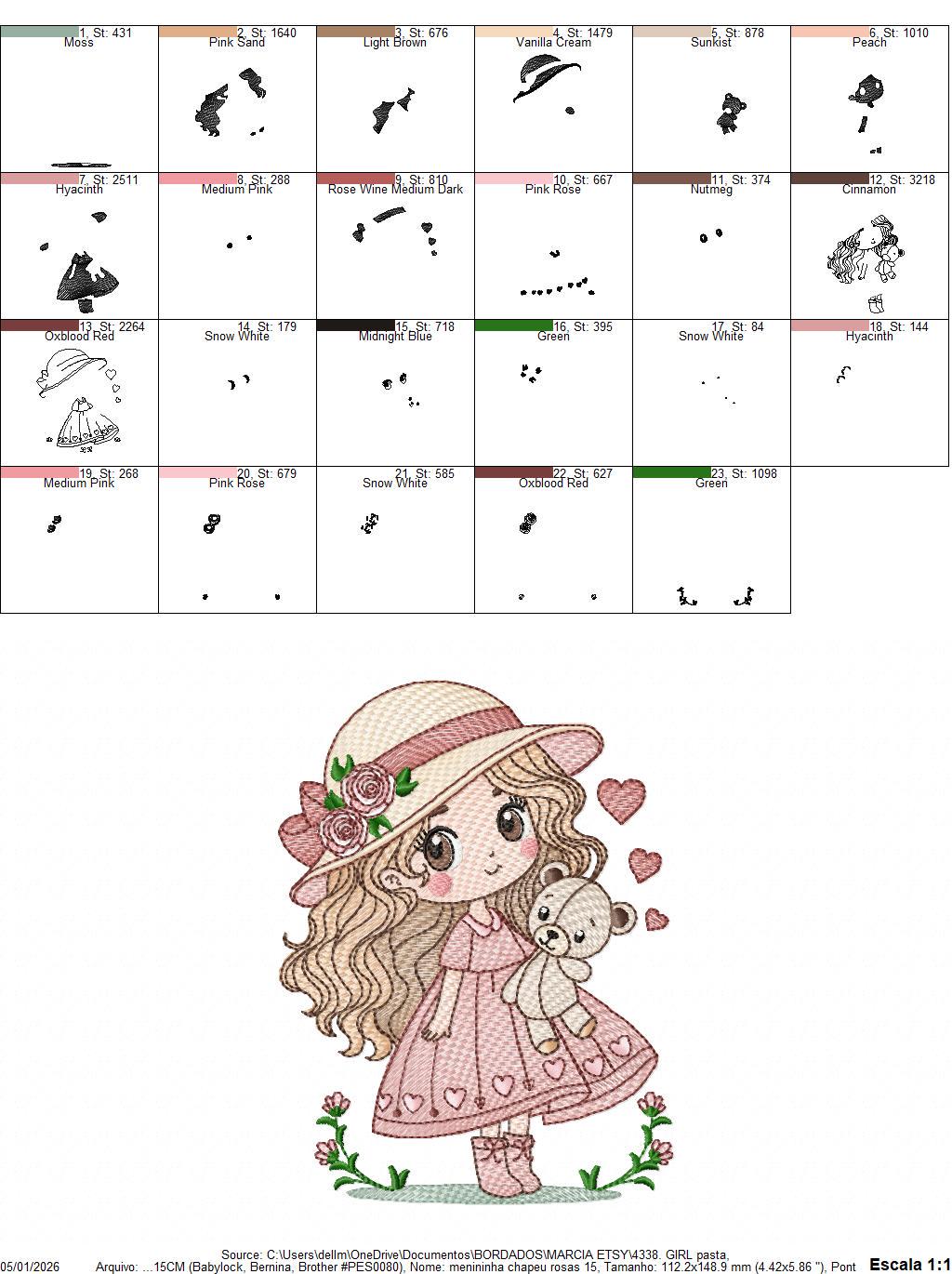 Baby girl with teddy bear embroidery designs - Princess with roses, long hair and hat machine embroidery pattern - Instant digital download