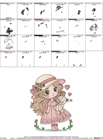 Baby girl with teddy bear embroidery designs - Princess with roses, long hair and hat machine embroidery pattern - Instant digital download