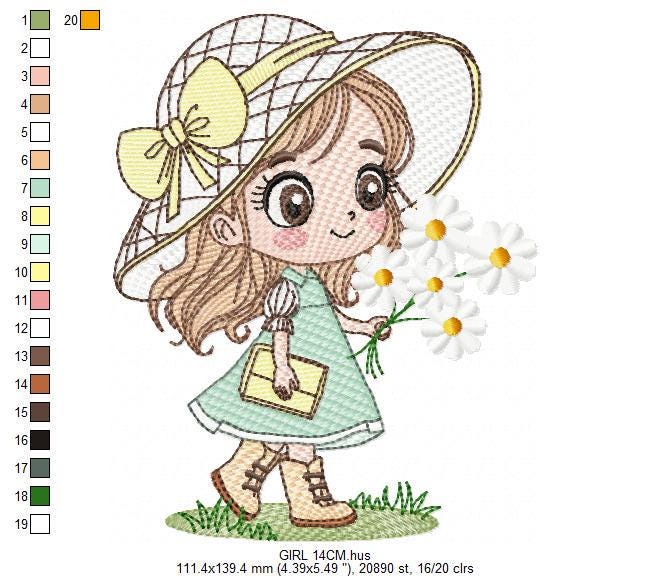 Baby girl with teddy bear embroidery designs - Princess with daisies, long hair, hat machine embroidery pattern - Instant digital download