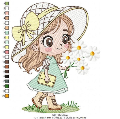 Baby girl with teddy bear embroidery designs - Princess with daisies, long hair, hat machine embroidery pattern - Instant digital download