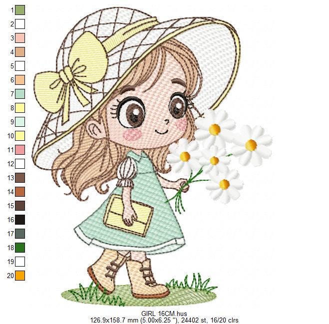 Baby girl with teddy bear embroidery designs - Princess with daisies, long hair, hat machine embroidery pattern - Instant digital download