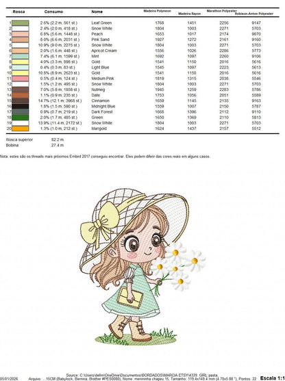 Baby girl with teddy bear embroidery designs - Princess with daisies, long hair, hat machine embroidery pattern - Instant digital download