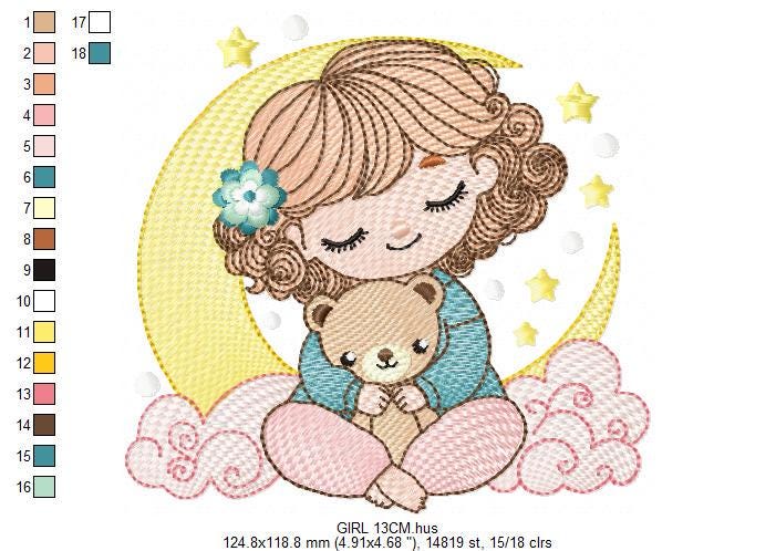 Baby girl with moon embroidery designs - Girl with short hair machine embroidery pattern - Princess with teddy bear file - Instant download