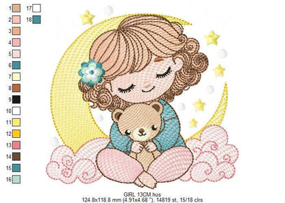Baby girl with moon embroidery designs - Girl with short hair machine embroidery pattern - Princess with teddy bear file - Instant download