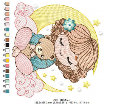 Baby girl with moon embroidery designs - Girl with short hair machine embroidery pattern - Princess with teddy bear file - Instant download