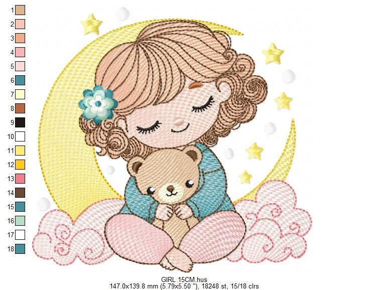 Baby girl with moon embroidery designs - Girl with short hair machine embroidery pattern - Princess with teddy bear file - Instant download