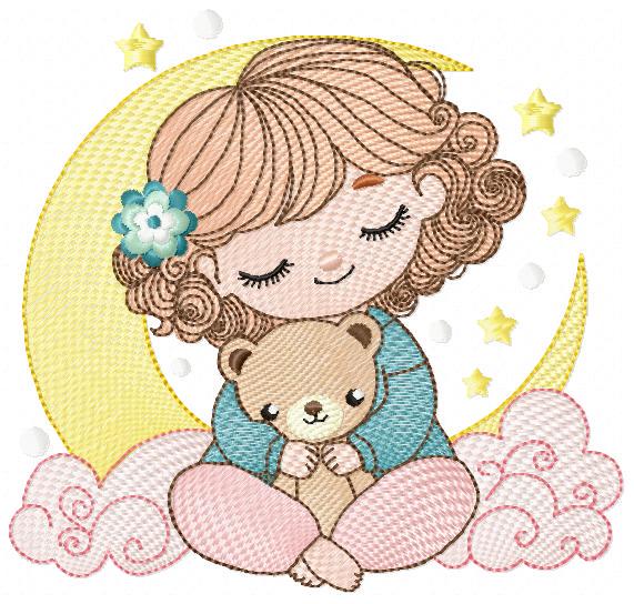 Baby girl with moon embroidery designs - Girl with short hair machine embroidery pattern - Princess with teddy bear file - Instant download