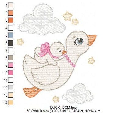 Female Duck with baby embroidery design - Flying bird machine embroidery pattern - Baby Girl file - Instant digital download pes jef dst hus