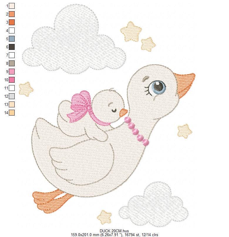 Female Duck with baby embroidery design - Flying bird machine embroidery pattern - Baby Girl file - Instant digital download pes jef dst hus