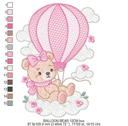 Baby Girl Bear with hot air balloon embroidery designs - Balloon with butterflies and clouds machine pattern - Instant digital download pes