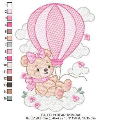 Baby Girl Bear with hot air balloon embroidery designs - Balloon with butterflies and clouds machine pattern - Instant digital download pes