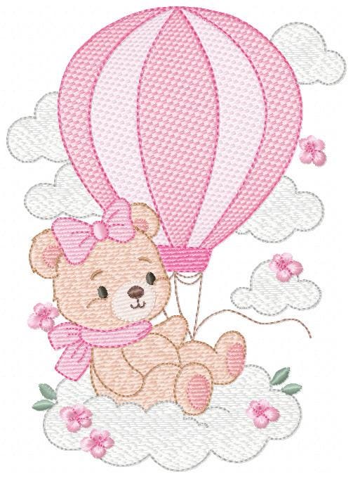 Baby Girl Bear with hot air balloon embroidery designs - Balloon with butterflies and clouds machine pattern - Instant digital download pes