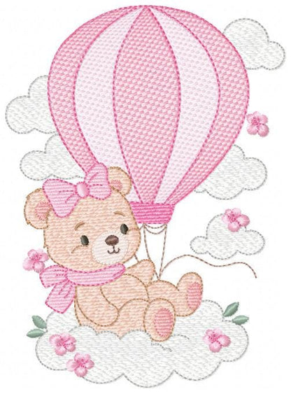 Baby Girl Bear with hot air balloon embroidery designs - Balloon with butterflies and clouds machine pattern - Instant digital download pes