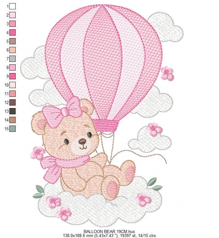 Baby Girl Bear with hot air balloon embroidery designs - Balloon with butterflies and clouds machine pattern - Instant digital download pes