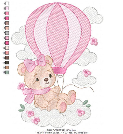 Baby Girl Bear with hot air balloon embroidery designs - Balloon with butterflies and clouds machine pattern - Instant digital download pes