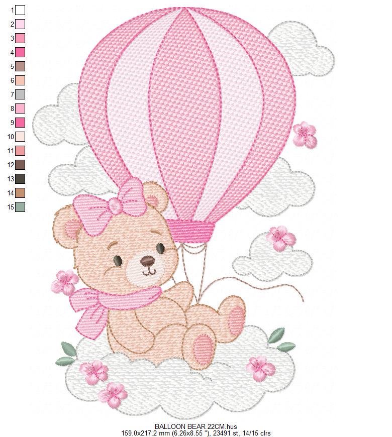 Baby Girl Bear with hot air balloon embroidery designs - Balloon with butterflies and clouds machine pattern - Instant digital download pes