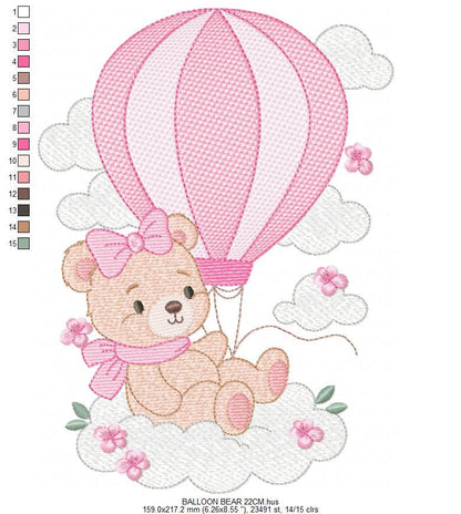 Baby Girl Bear with hot air balloon embroidery designs - Balloon with butterflies and clouds machine pattern - Instant digital download pes
