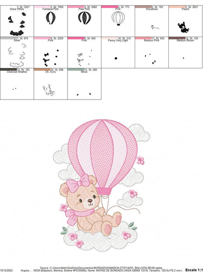 Baby Girl Bear with hot air balloon embroidery designs - Balloon with butterflies and clouds machine pattern - Instant digital download pes