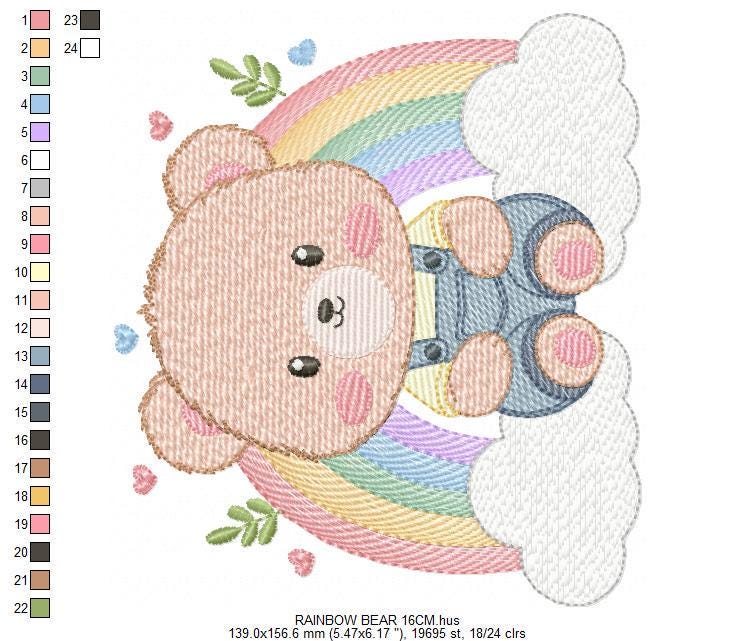 Bear with rainbow embroidery designs - Male Teddy with overall and clouds machine embroidery pattern - Instant digital download pes dst jef