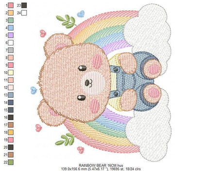 Bear with rainbow embroidery designs - Male Teddy with overall and clouds machine embroidery pattern - Instant digital download pes dst jef
