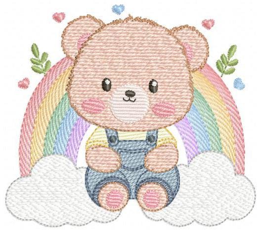 Bear with rainbow embroidery designs - Male Teddy with overall and clouds machine embroidery pattern - Instant digital download pes dst jef