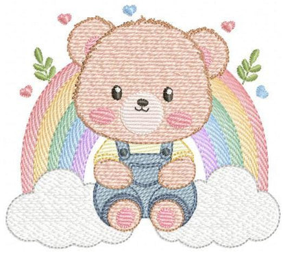 Bear with rainbow embroidery designs - Male Teddy with overall and clouds machine embroidery pattern - Instant digital download pes dst jef