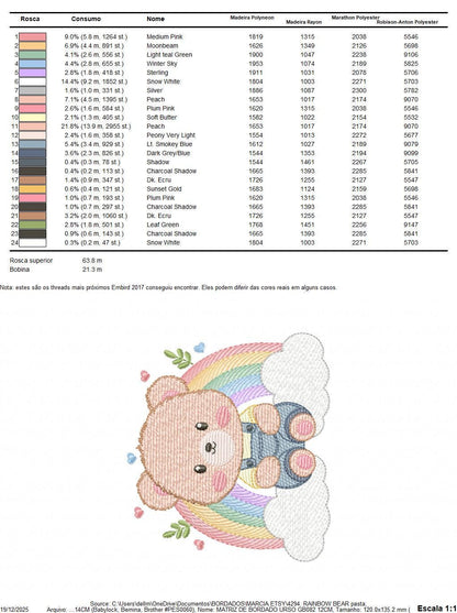 Bear with rainbow embroidery designs - Male Teddy with overall and clouds machine embroidery pattern - Instant digital download pes dst jef