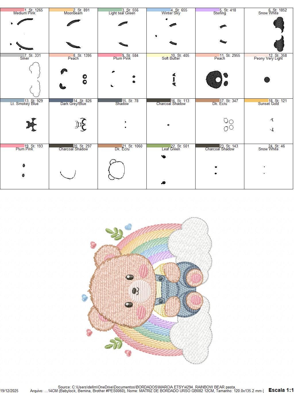 Bear with rainbow embroidery designs - Male Teddy with overall and clouds machine embroidery pattern - Instant digital download pes dst jef
