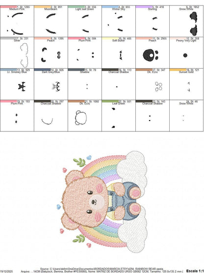 Bear with rainbow embroidery designs - Male Teddy with overall and clouds machine embroidery pattern - Instant digital download pes dst jef