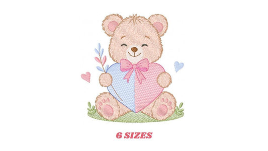 Teddy Bear with heart embroidery designs - Baby boy with red bow tie machine embroidery pattern - Instant digital download pes jef dst hus
