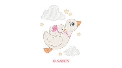 Female Duck with baby embroidery design - Flying bird machine embroidery pattern - Baby Girl file - Instant digital download pes jef dst hus