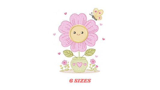 Flower with happy face embroidery designs - Flowerpot machine embroidery pattern - Floral Grandma Kitchen Towel - Instant download pes jef