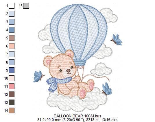 Baby Boy Bear with hot air balloon embroidery designs - Balloon with butterflies and clouds machine pattern - Instant digital download pes