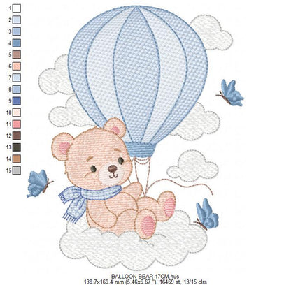 Baby Boy Bear with hot air balloon embroidery designs - Balloon with butterflies and clouds machine pattern - Instant digital download pes