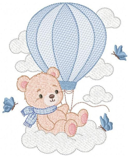 Baby Boy Bear with hot air balloon embroidery designs - Balloon with butterflies and clouds machine pattern - Instant digital download pes