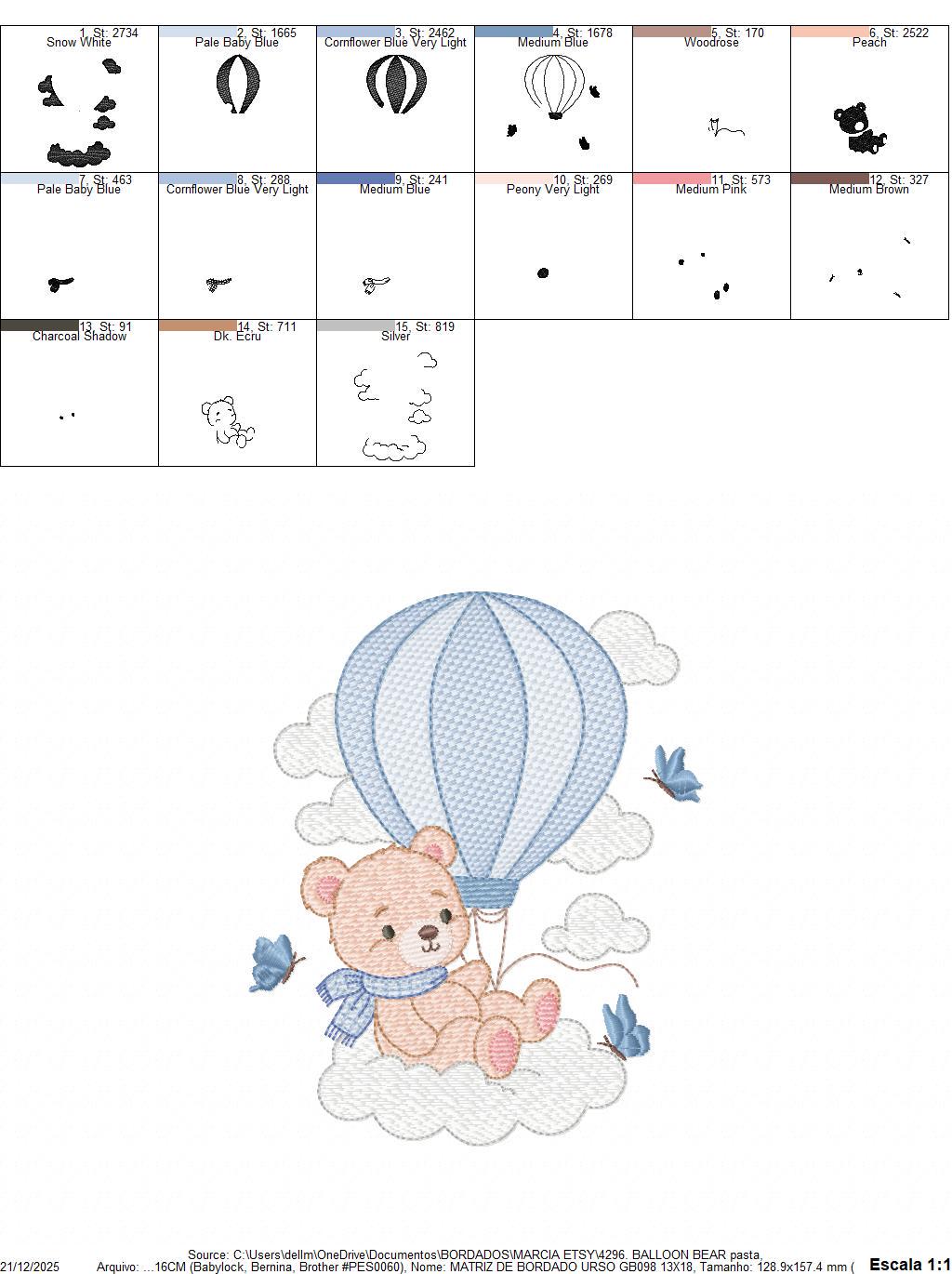 Baby Boy Bear with hot air balloon embroidery designs - Balloon with butterflies and clouds machine pattern - Instant digital download pes
