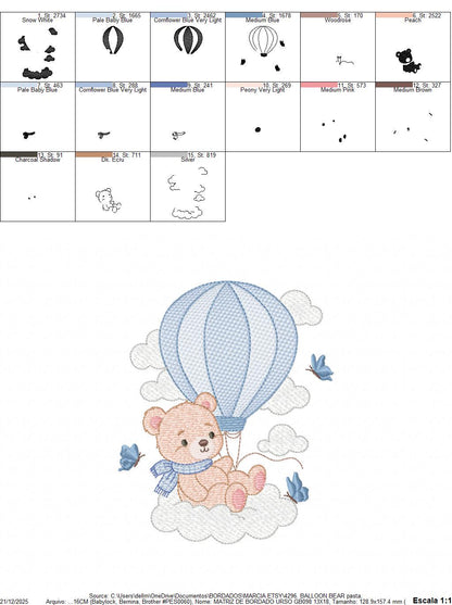Baby Boy Bear with hot air balloon embroidery designs - Balloon with butterflies and clouds machine pattern - Instant digital download pes