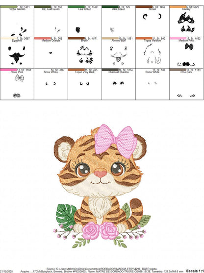 Tiger embroidery design - Female Forest Wild Animal with flowers machine embroidery pattern - Baby Girl file - Instant digital download pes