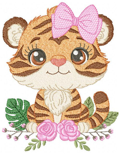 Tiger embroidery design - Female Forest Wild Animal with flowers machine embroidery pattern - Baby Girl file - Instant digital download pes
