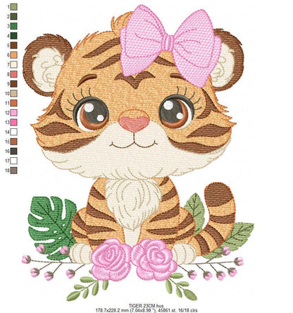 Tiger embroidery design - Female Forest Wild Animal with flowers machine embroidery pattern - Baby Girl file - Instant digital download pes