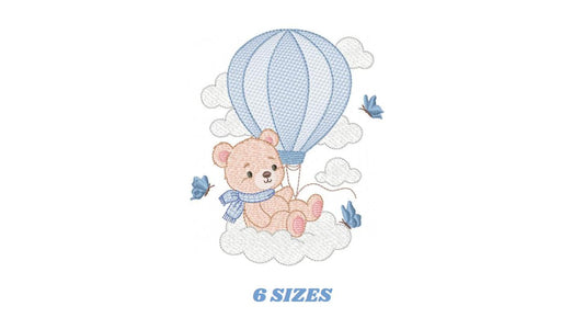 Baby Boy Bear with hot air balloon embroidery designs - Balloon with butterflies and clouds machine pattern - Instant digital download pes