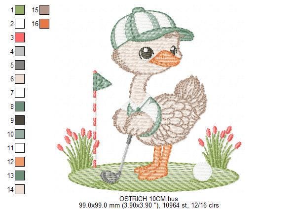 Ostrich playing golf embroidery designs - Baby Boy Bird machine embroidery pattern - Ostrich with flowers - Instant download pes jef dst hus