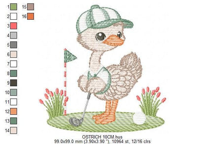 Ostrich playing golf embroidery designs - Baby Boy Bird machine embroidery pattern - Ostrich with flowers - Instant download pes jef dst hus