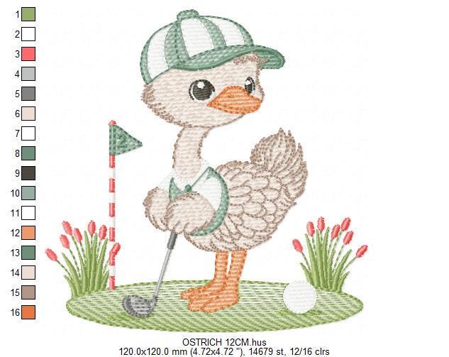 Ostrich playing golf embroidery designs - Baby Boy Bird machine embroidery pattern - Ostrich with flowers - Instant download pes jef dst hus