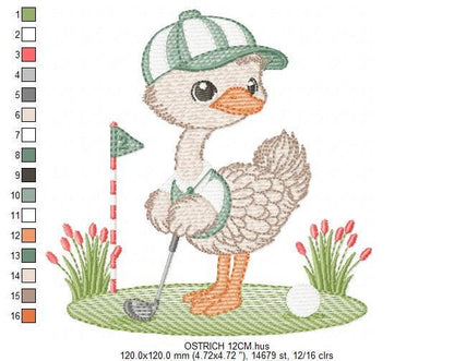Ostrich playing golf embroidery designs - Baby Boy Bird machine embroidery pattern - Ostrich with flowers - Instant download pes jef dst hus