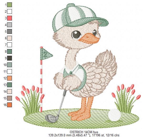 Ostrich playing golf embroidery designs - Baby Boy Bird machine embroidery pattern - Ostrich with flowers - Instant download pes jef dst hus