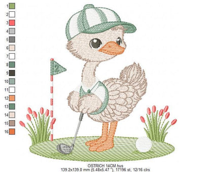 Ostrich playing golf embroidery designs - Baby Boy Bird machine embroidery pattern - Ostrich with flowers - Instant download pes jef dst hus