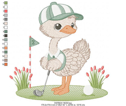 Ostrich playing golf embroidery designs - Baby Boy Bird machine embroidery pattern - Ostrich with flowers - Instant download pes jef dst hus